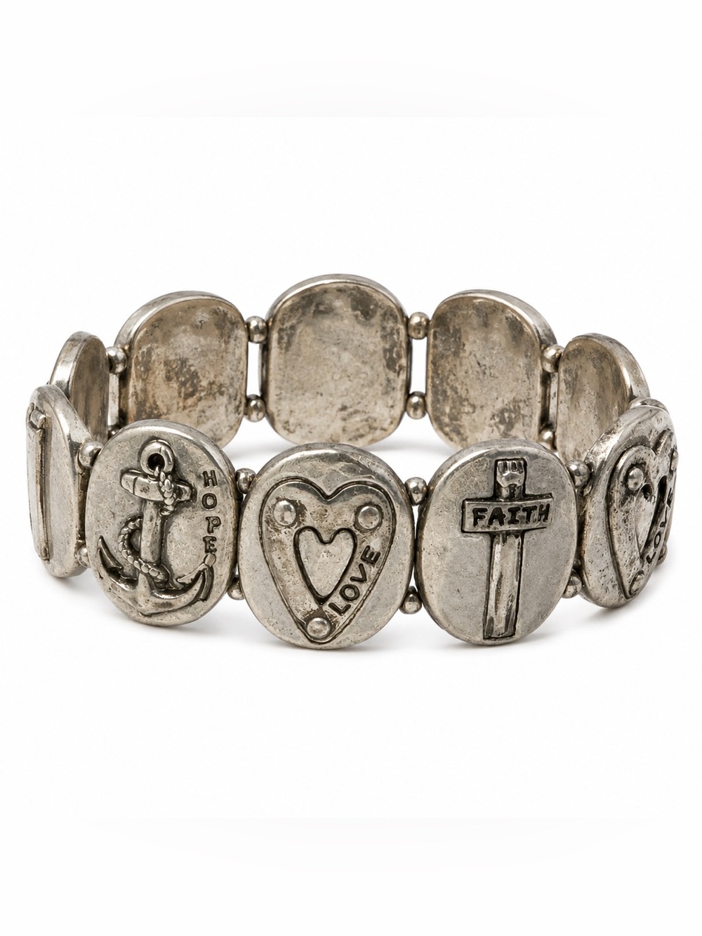 Silver Tone Faith Hope Love Cross Heart Anchor Stretch Bracelet Religious